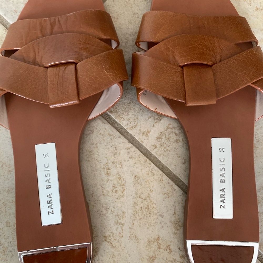 Zara Tan Leather Sandals with Geometric Straps